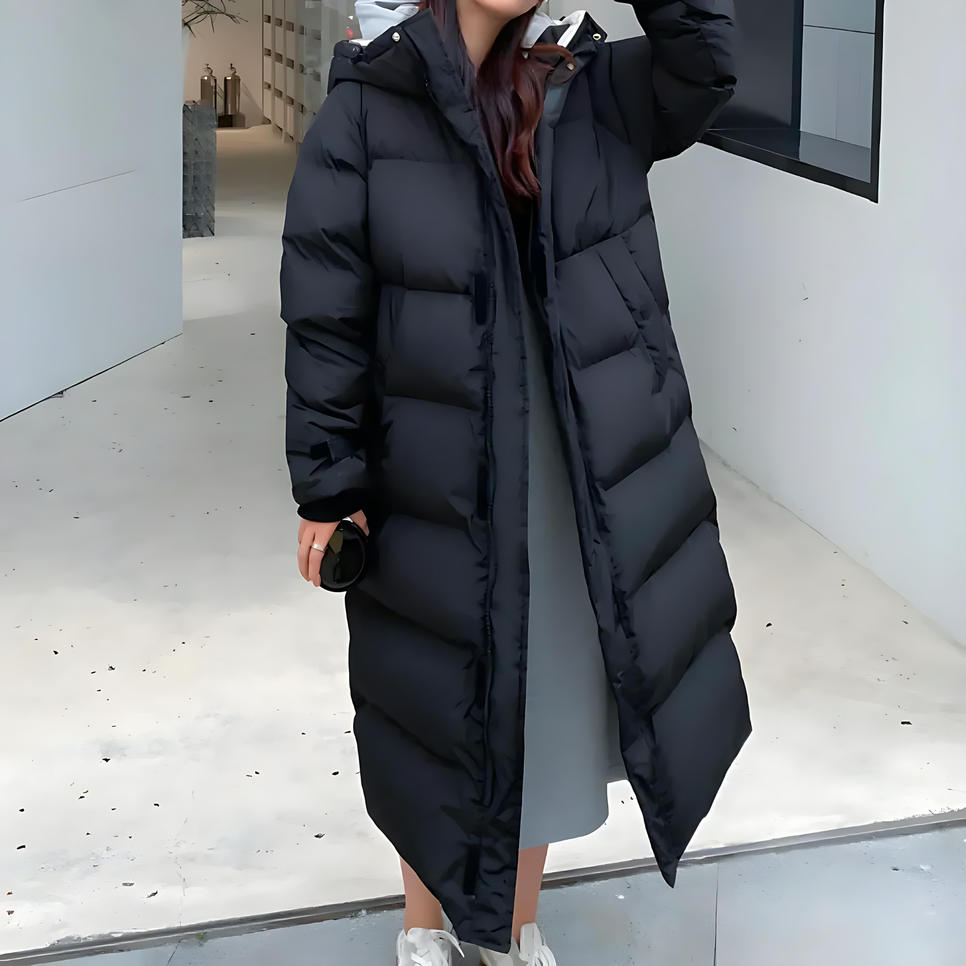 Damen - Langer wattierter Mantel mit Kapuze - Bequem & Warm - Stylischer Wintermantel