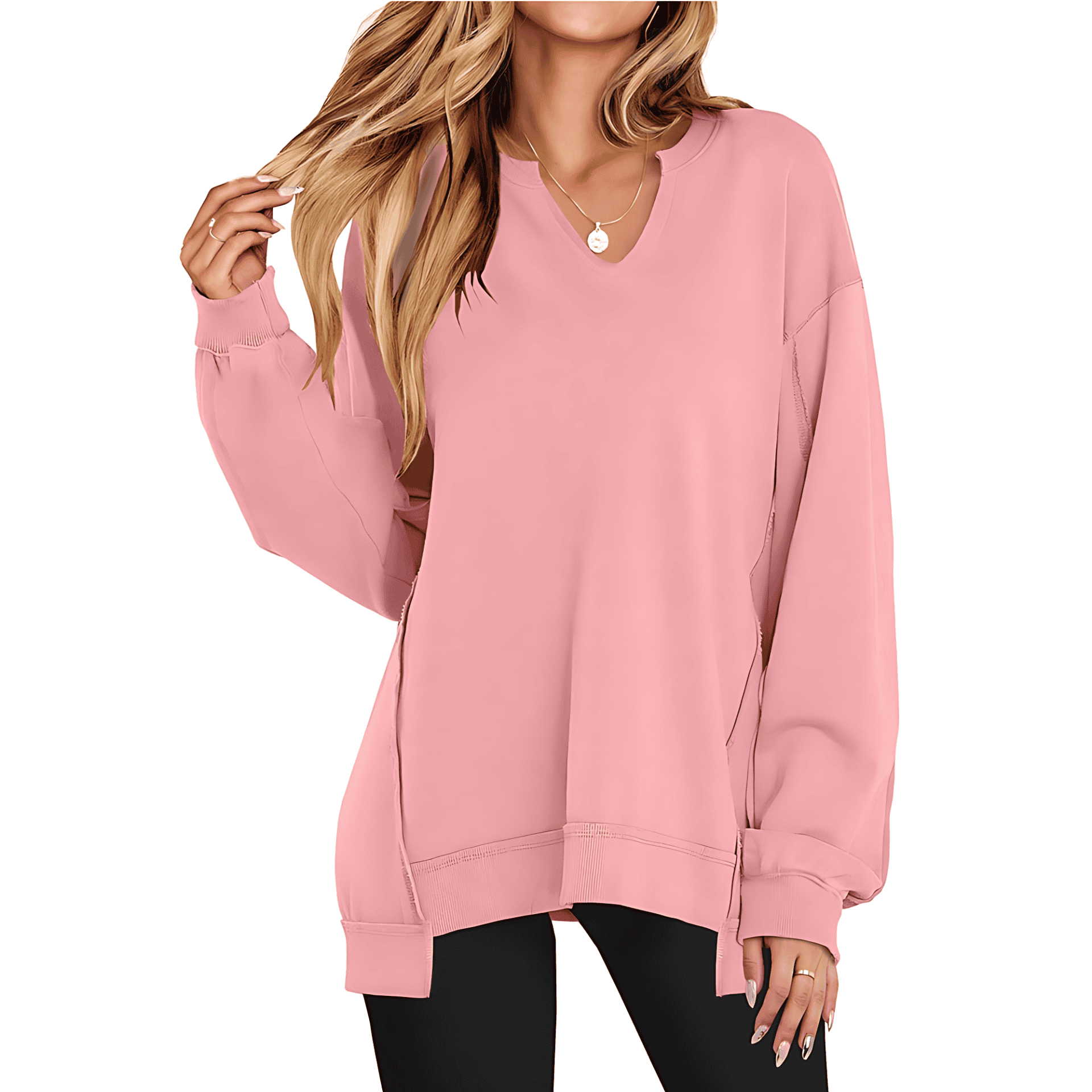 Damen - Lässiger V-Ausschnitt Pullover - Übergröße Ärmeln - Weichem Material - Modischer Begleiter