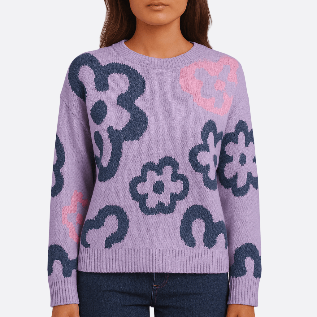 Damen - Lila Sweatshirt - Weicher Baumwolle - Bequemes Blümchenmuster - Perfekt für lässige Anlässe