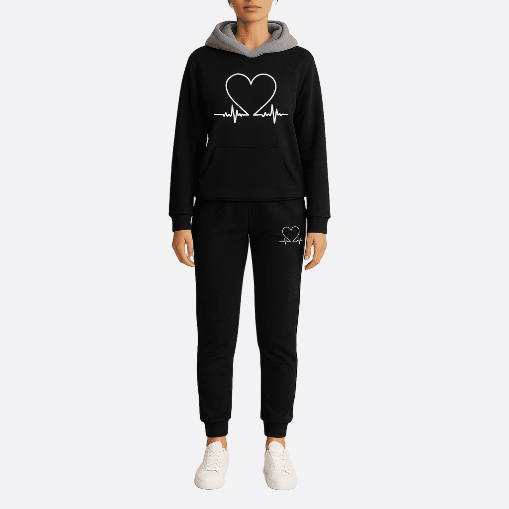 Damen - Loungewear Set - Bequemer Hoodie - Herzschlag-Muster & Jogginghose - Ideal für entspannte Tage