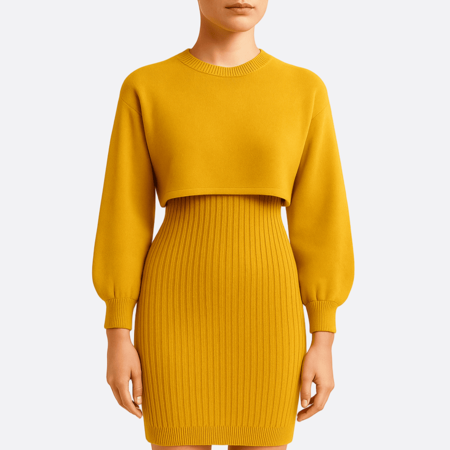 Damen - Midikleid & Cropped Pullover Set - Strickmaterial - Lässiger Stil - Perfekte Kombination