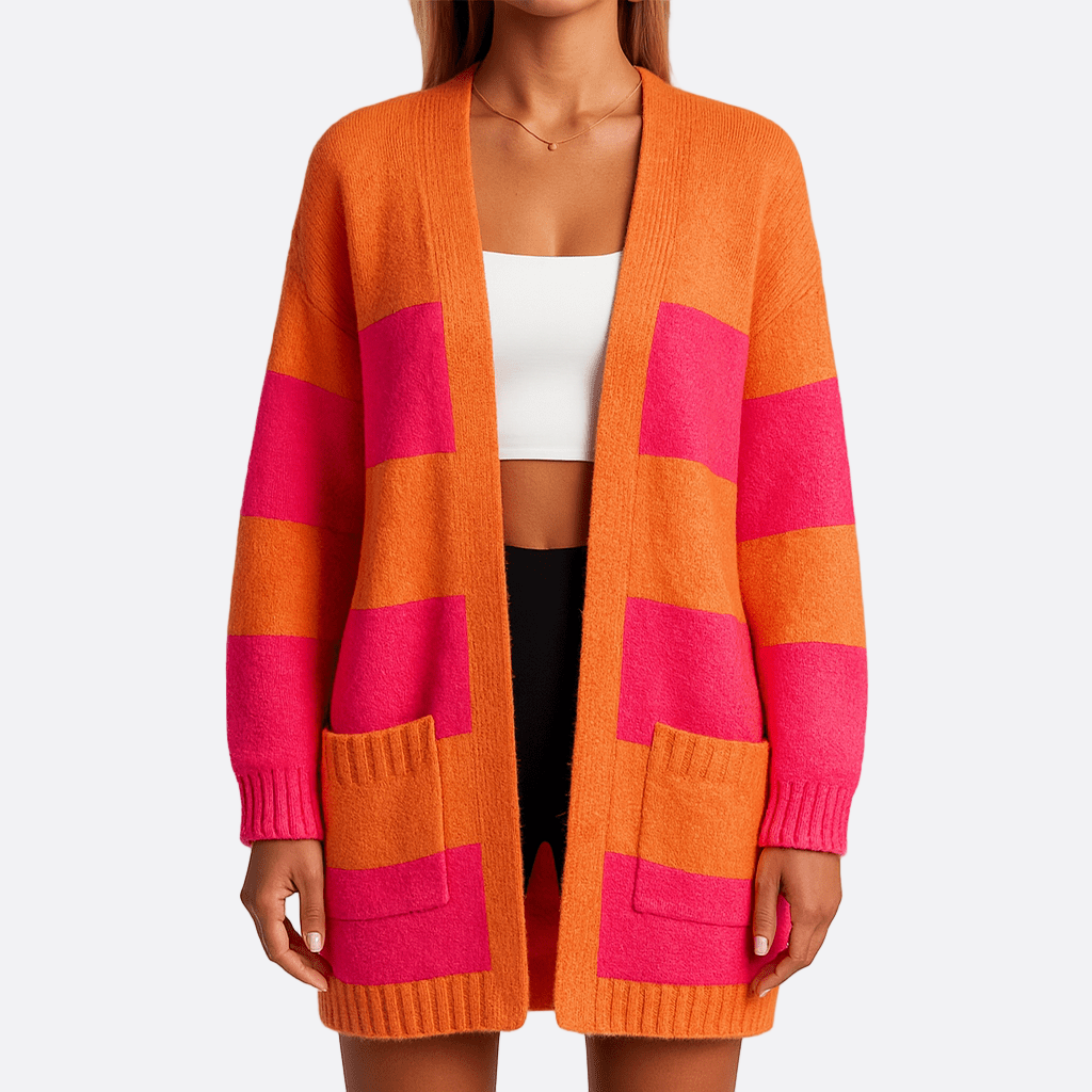 Damen - Modischer Strickmantel - Wollmischung - Fette Streifen - Bequem und Stilvoll für jeden Anlass