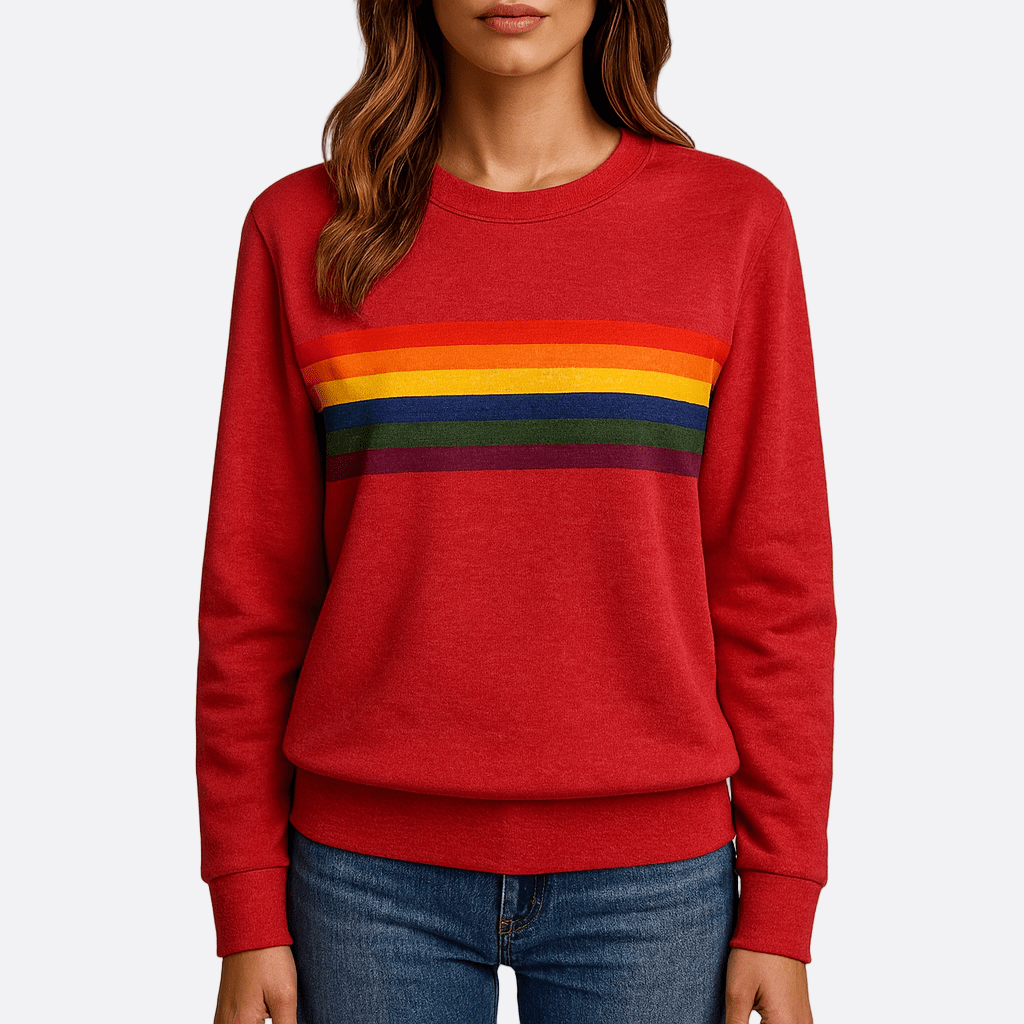 Damen - Pullover - Rundhalsausschnitt - Buntes Regenbogen-Streifen-Design - Stylischer Freizeitlook