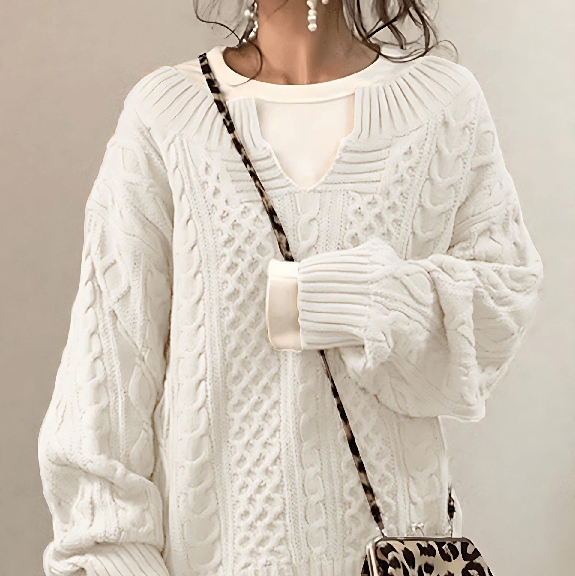 Damen - Pullover - V-Ausschnitt - Zopfstrick - Bequeme Übergröße für stilvollen Komfort