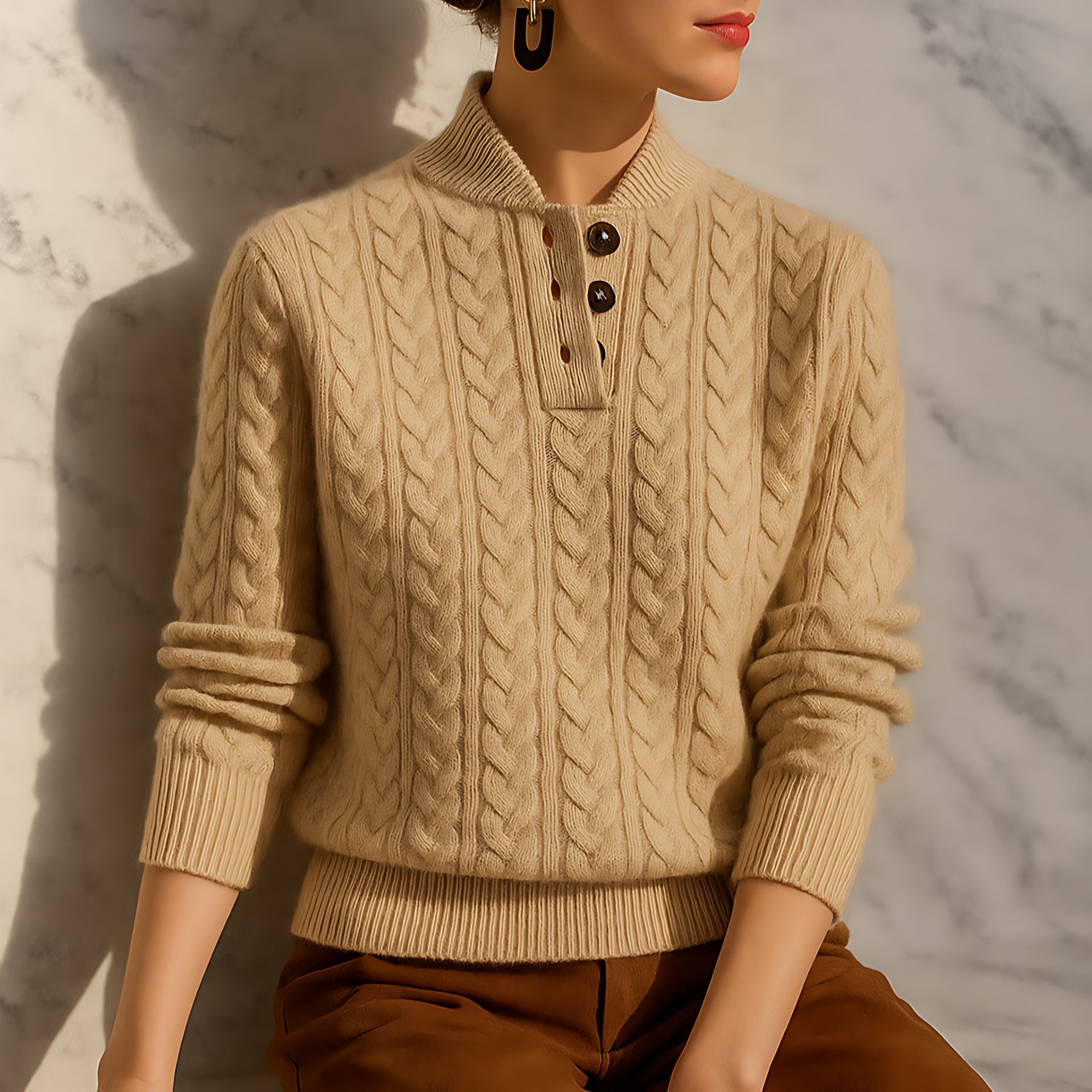 Damen - Pullover - Zopfstrick Stil - Trichterhals - Bequeme und modische Strickmode für jeden Anlass