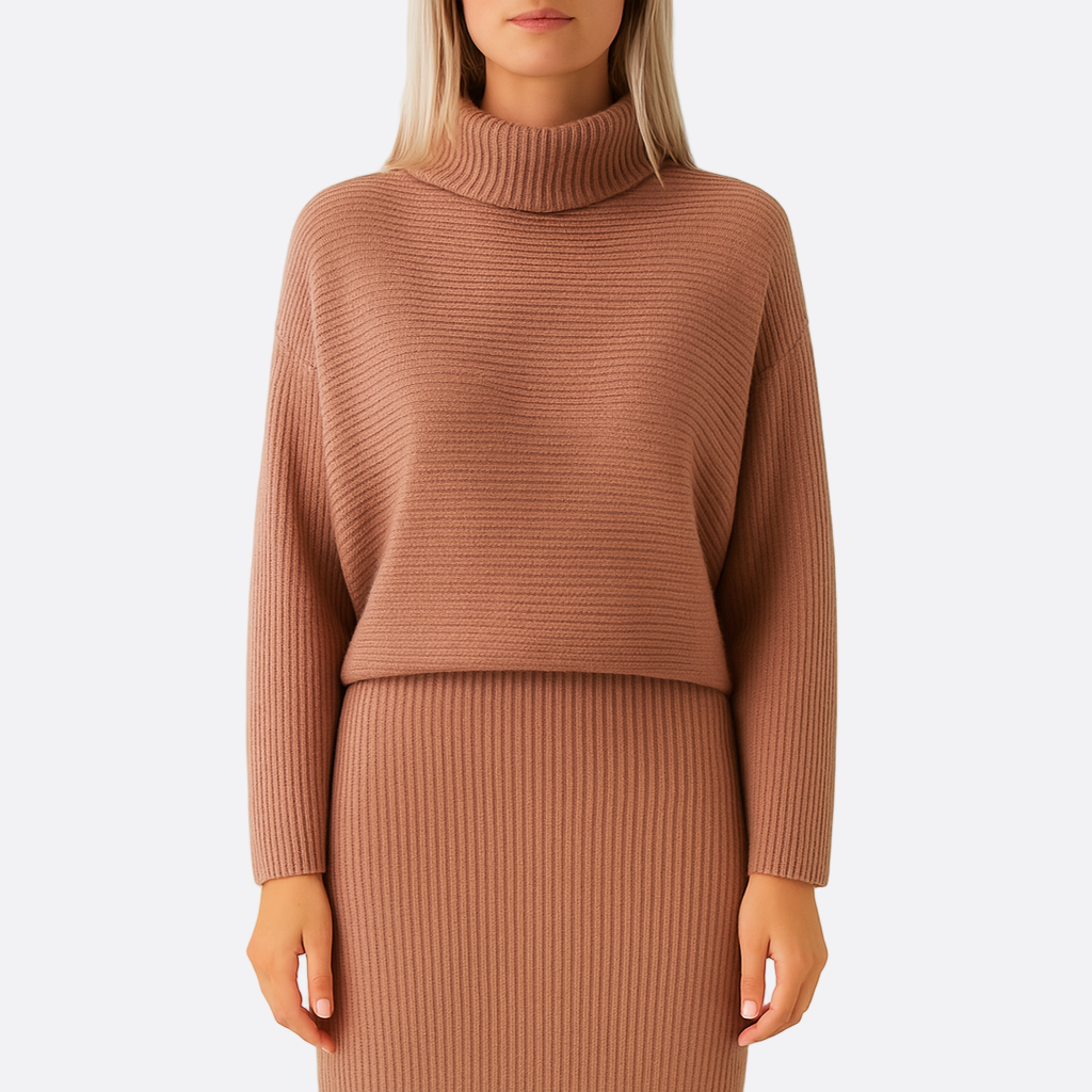 Damen - Rollkragen Strick Kombi Set - Dehnbare Stoff - Geripptes Design - Angenehm und Stylisch