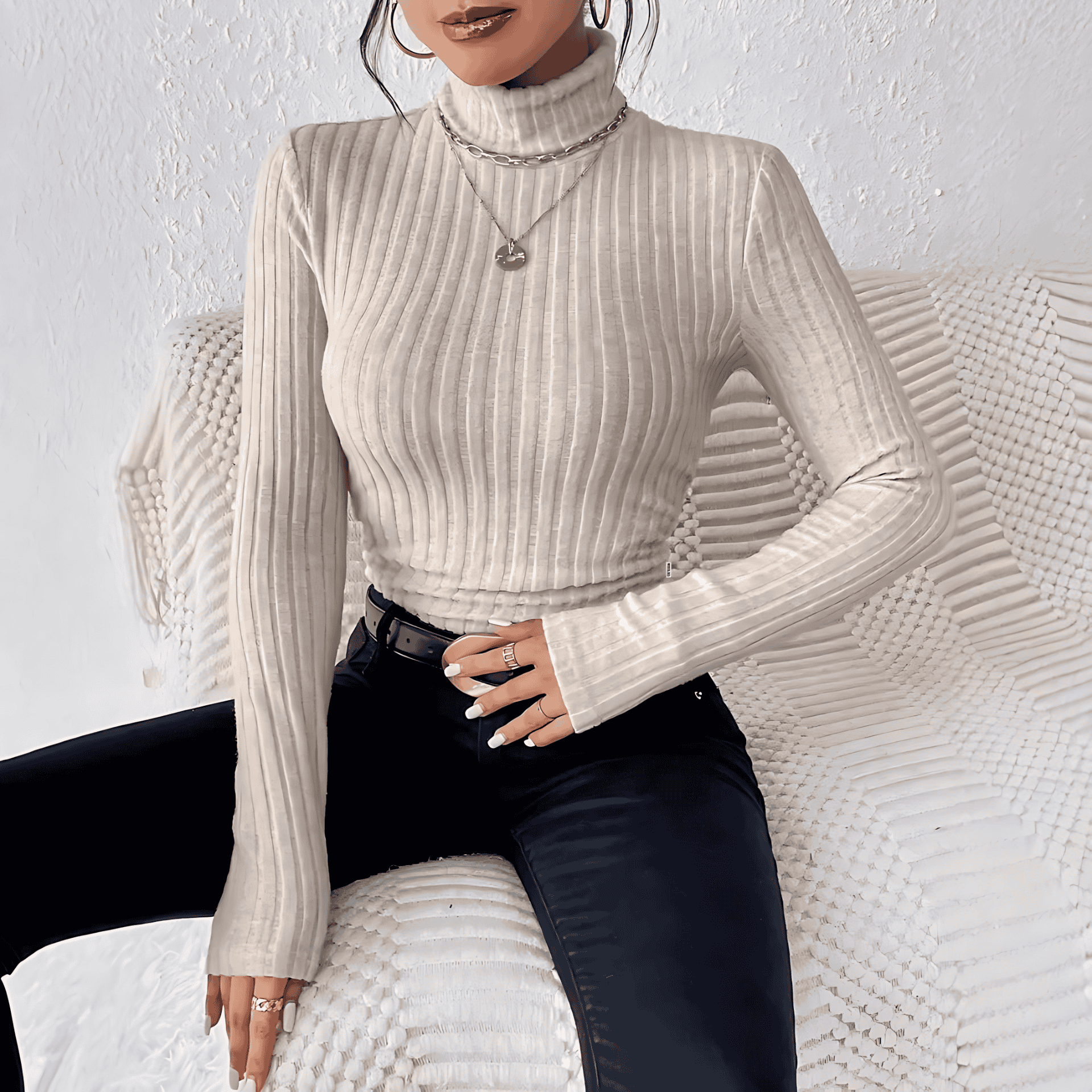 Damen - Rollkragenpullover - Langärmeliger - Feiner Rippstrick - Stilvoller und Bequemer Pullover für den Alltag