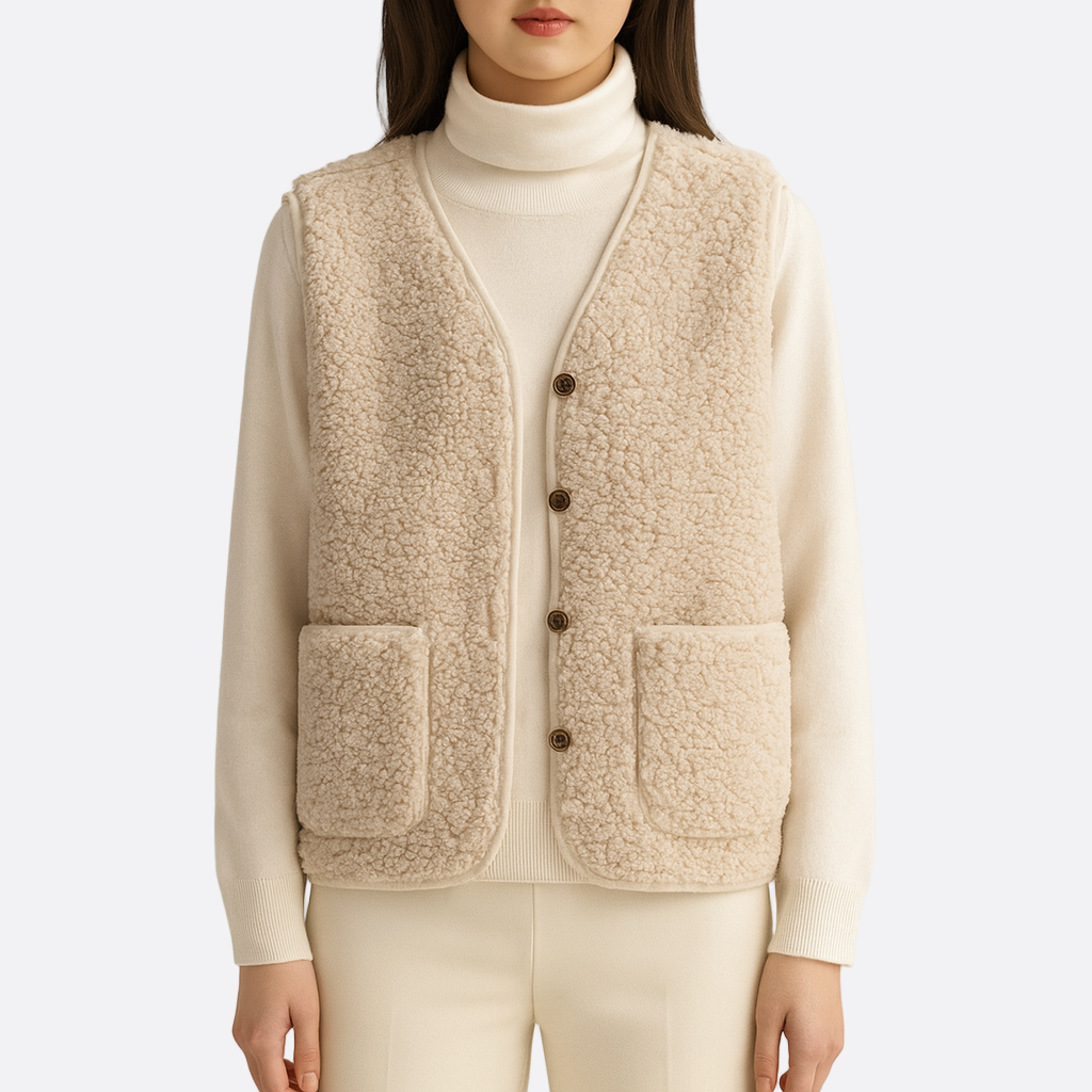 Damen - Shearling Gilet - Knopfverschluss - Bequem & Stilvoll - Perfekt für jeden Anlass