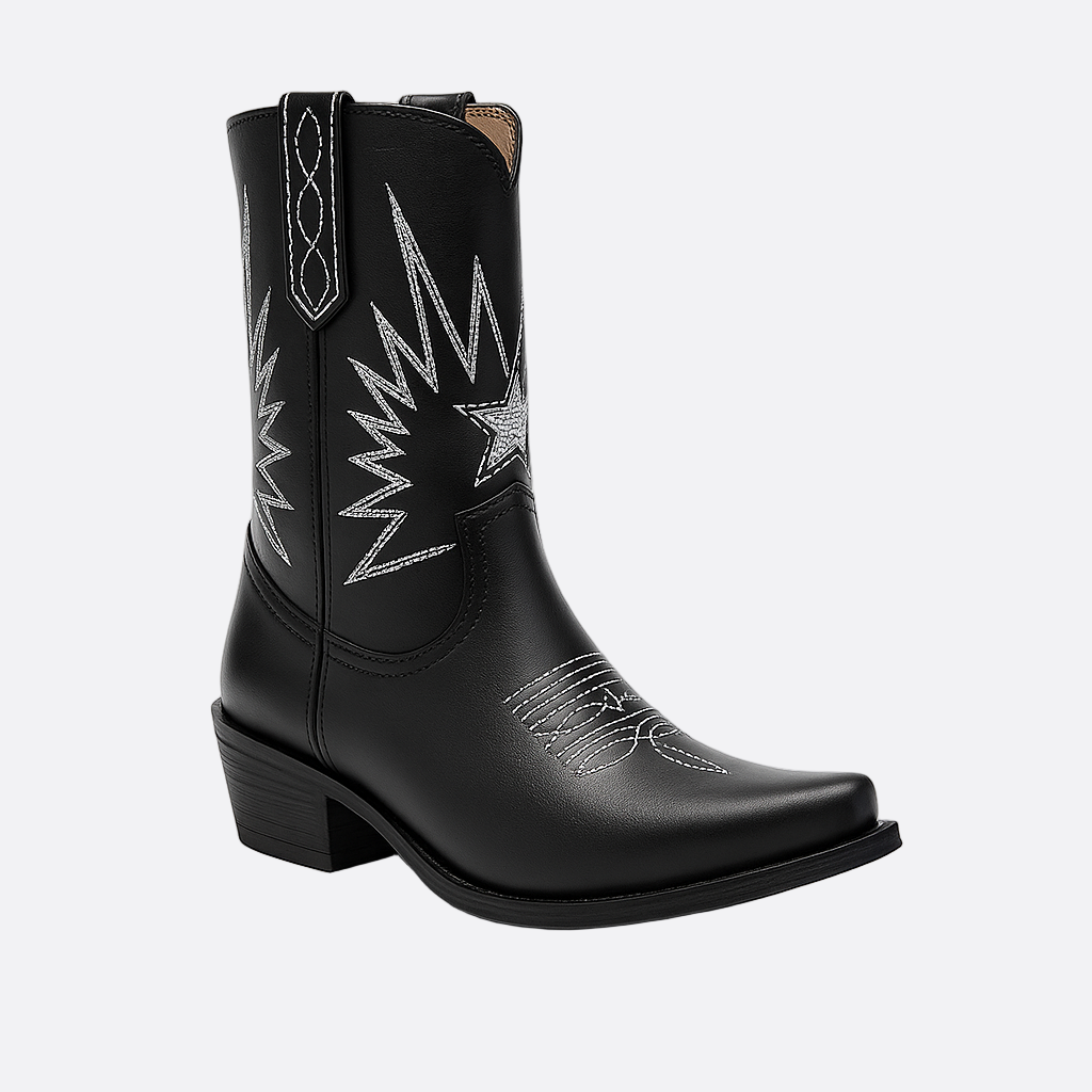 Damen - Stilvolle mittelhohe Westernstiefel - Leder - Bestickt - Modisch und Bequem für jeden Anlass