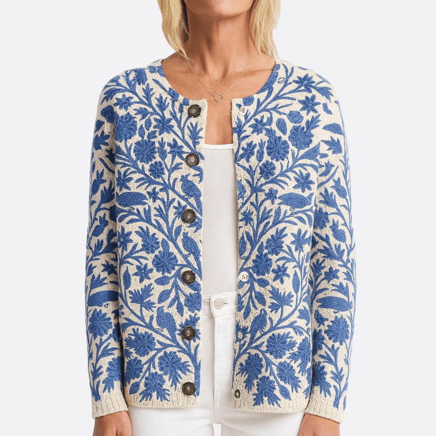 Damen - Strickjacke - Blumenmuster - Rundhalsausschnitt - Modische, bequeme Oberbekleidung für jeden Anlass