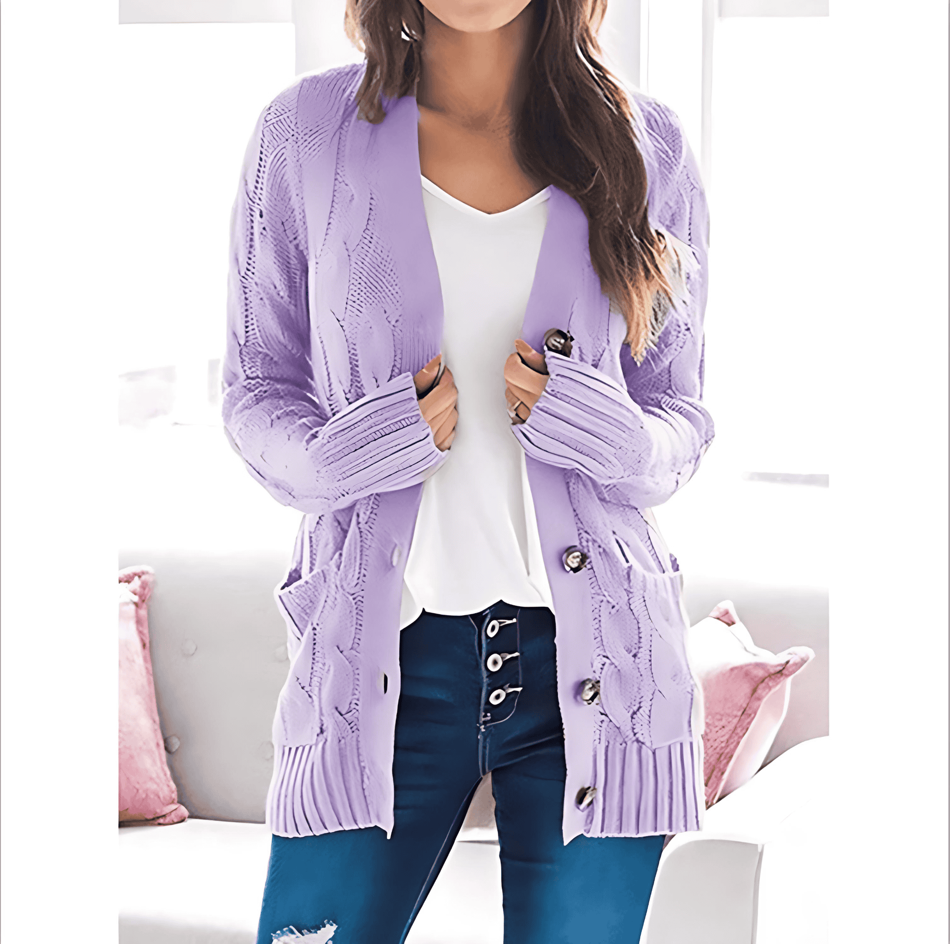 Damen - Strickjacke mit Zopfmuster - Taschen - Modischer stil für jeden Anlass