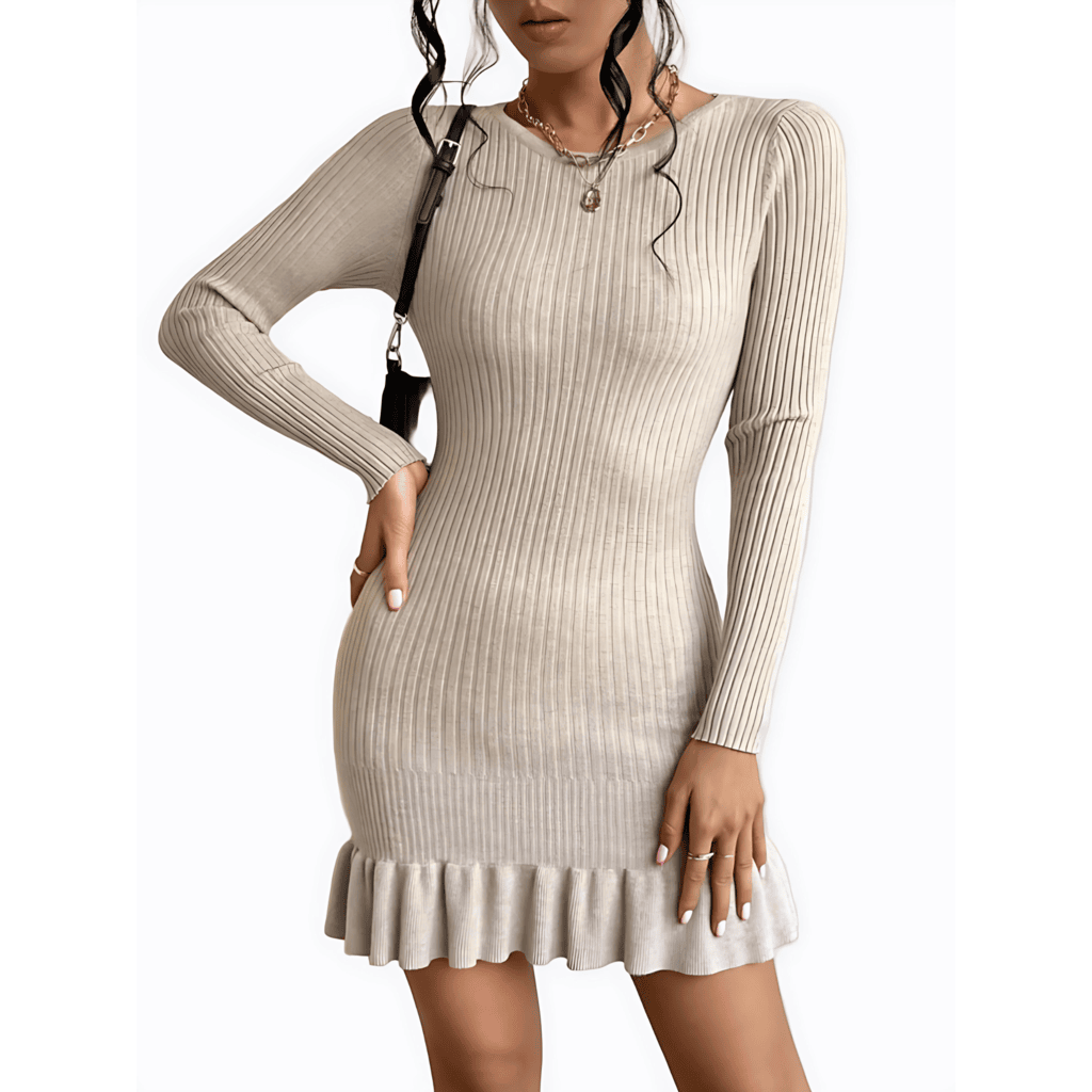 Damen - Strickkleid - Gerafftem Saum und Rippenmuster - Bequemes und Stilvolles Kleid für jeden Anlass