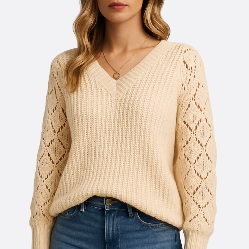 Damen - Strickpullover - Spitzenmuster - Voluminösen Ärmeln - Eleganter Look für jede Gelegenheit
