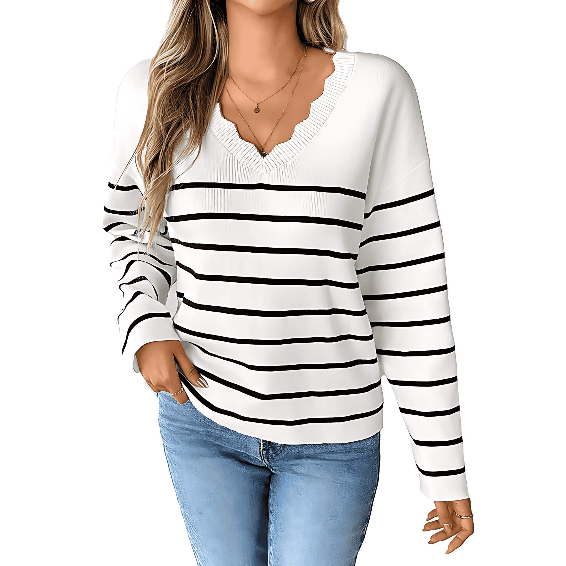 Damen - Strickpullover - V-Ausschnitt - Gestreift - Modischer Komfort für jeden Anlass