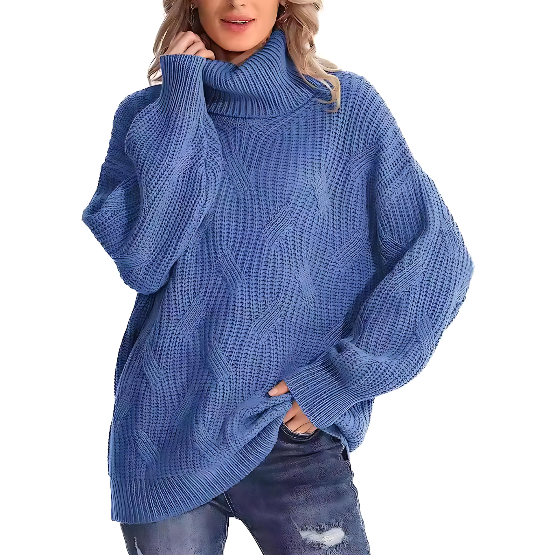 Damen - Strickpullover mit Zopfmuster - Hoher Kragen - Elegantes Design für jeden Anlass