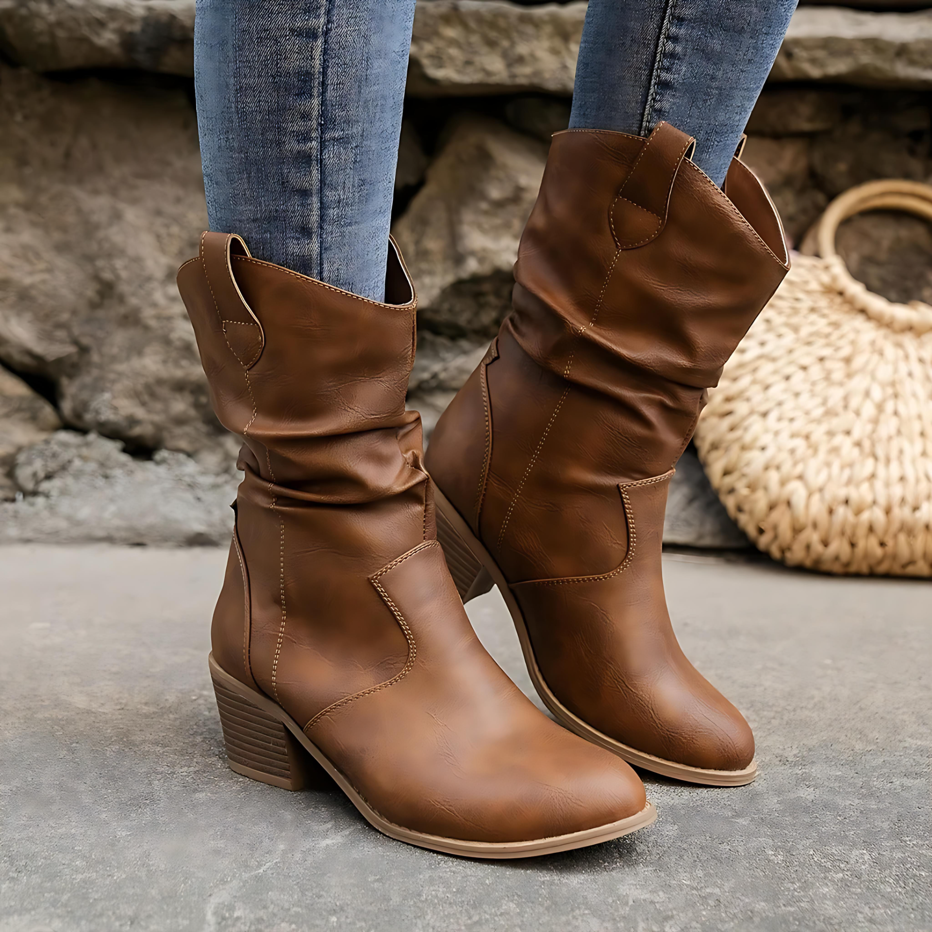 Damen - Stylische Lederstiefel - Bequemer Absatz - Modische Fußbekleidung für jeden Anlass