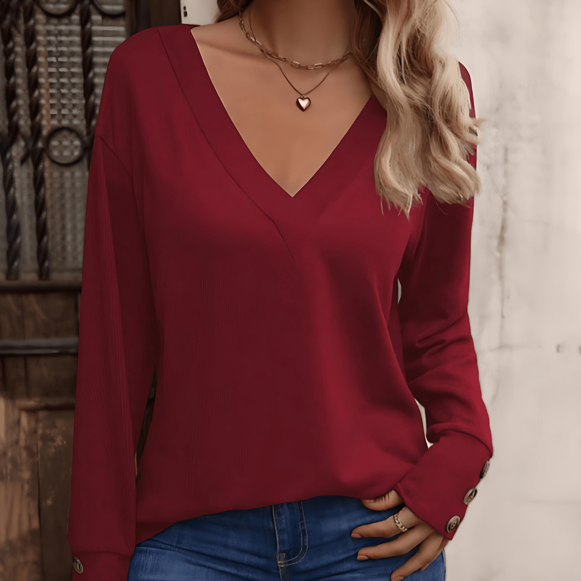 Damen - Stylische Oberteile mit V-Ausschnitt und Knöpfen - Einfarbiges Design für jeden Anlass