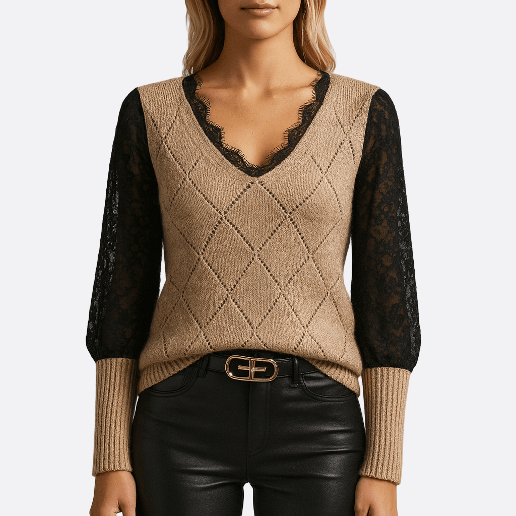 Damen - Sweatshirt mit Spitzenbesatz und V-Ausschnitt - Strick Mischung - Bequeme für stilvolle Freizeitlooks