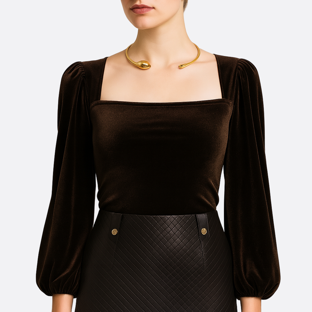 Damen - Top mit quadratischem Ausschnitt - Puffärmel - Samt - Stilvolles, elegantes Design