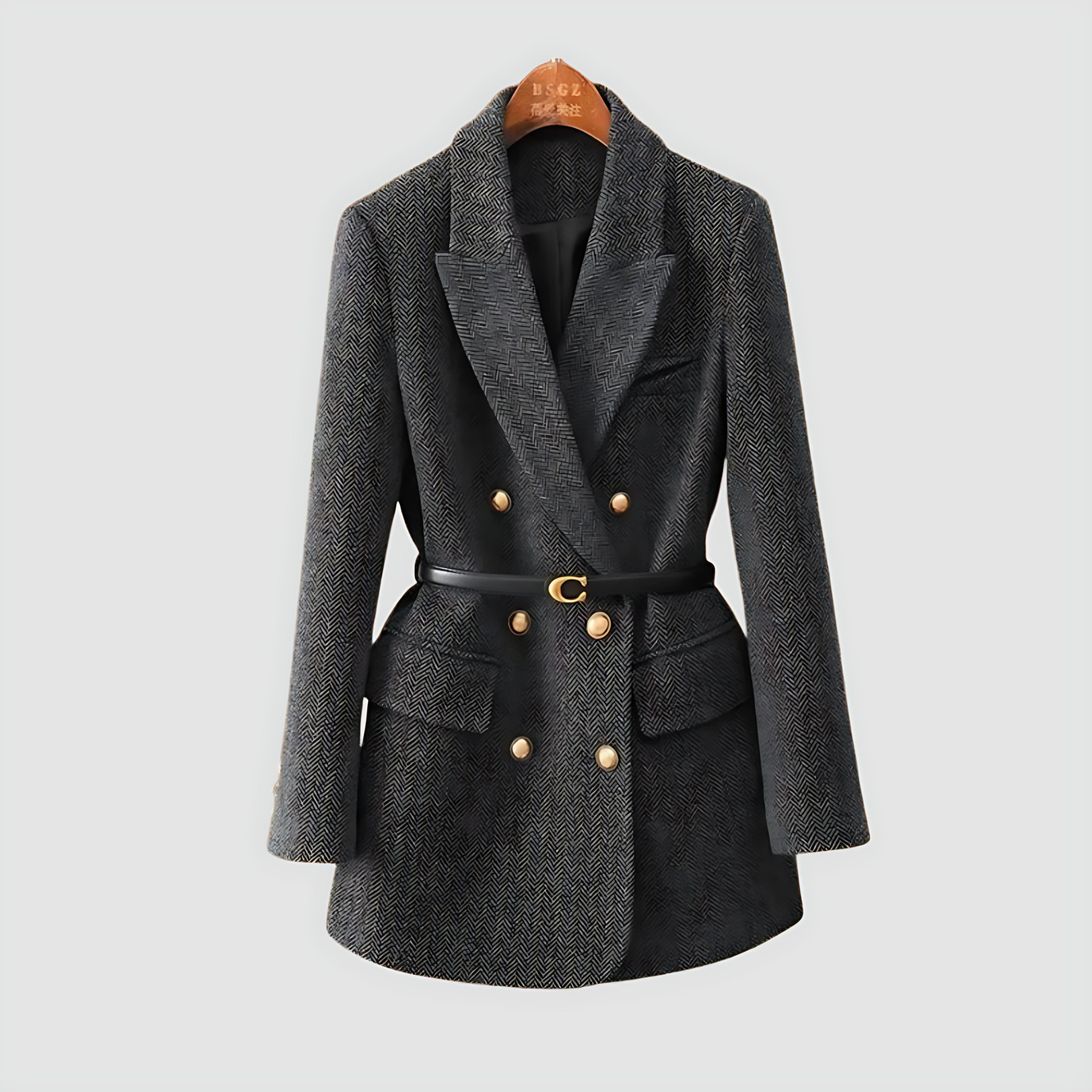 Damen - Tweed Blazermantel - Zweireihig mit Gürtel - Eleganter Stil für jede Gelegenheit