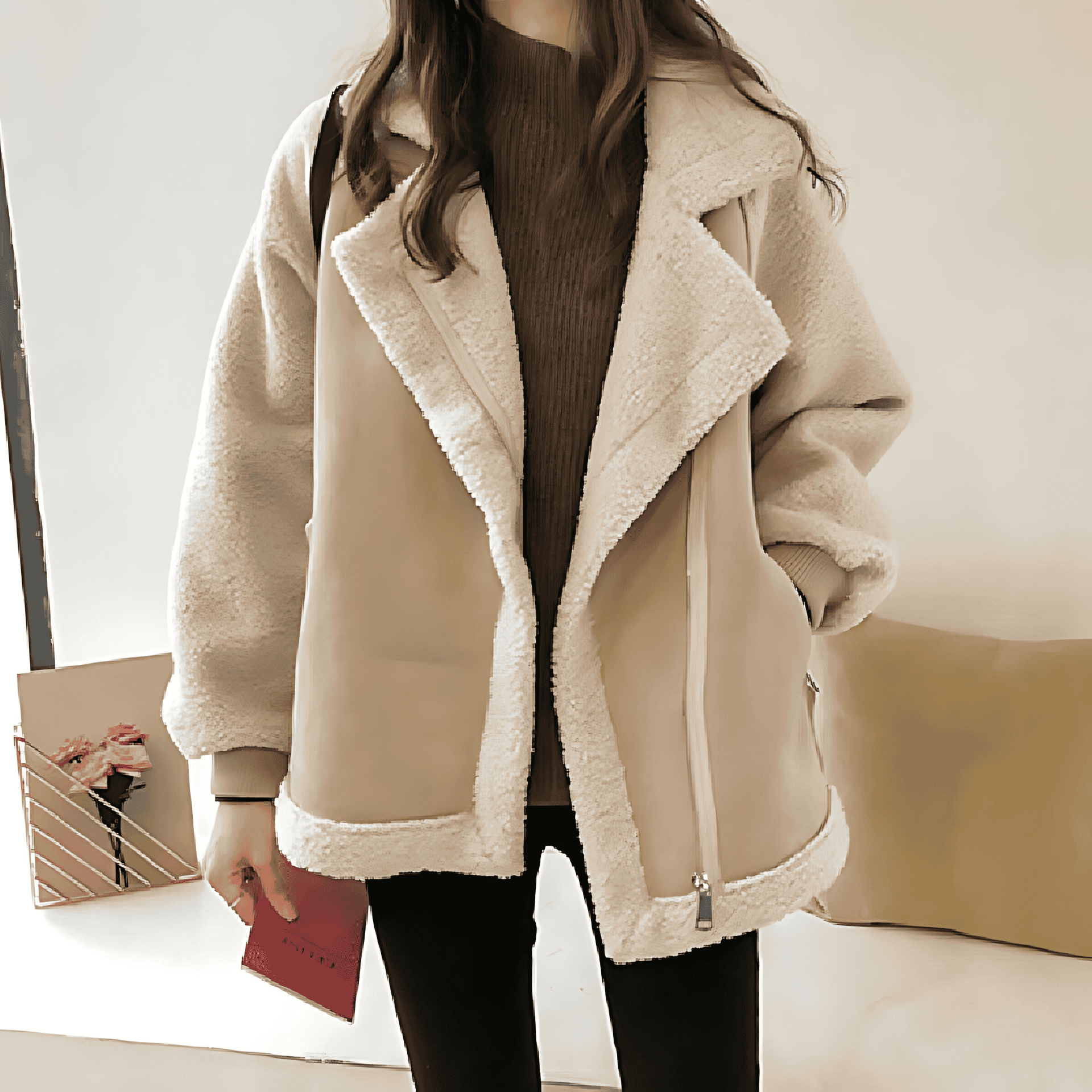 Damen - Übergroße Jacke - Reißverschluss aus Wildleder - Kuscheliger Teddy-Look für stilvolle Wärme