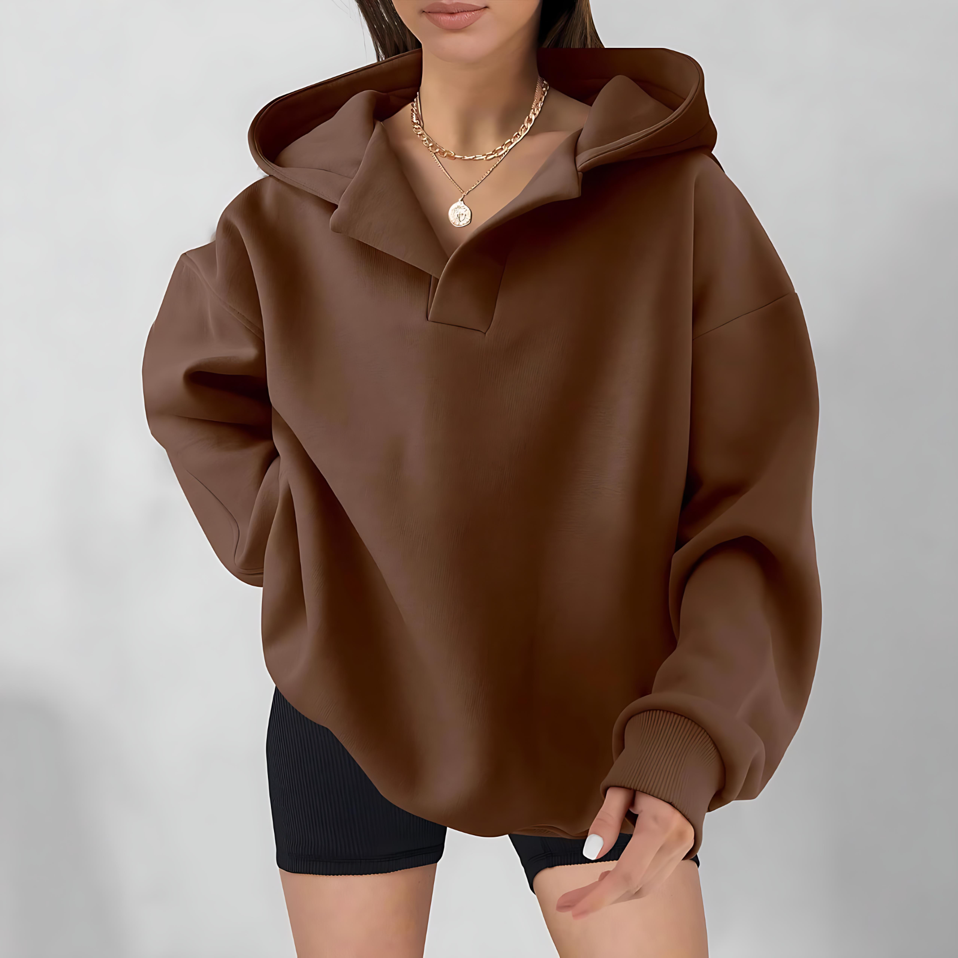 Damen - Übergroßer Kapuzenpulli - V-Ausschnitt - Bequem und Stylisch für jeden Anlass