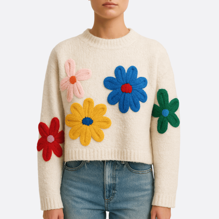 Damen - Übergroßer Pullover - Grobstrick - Blumenmuster - Bequemer und stilvoller Look