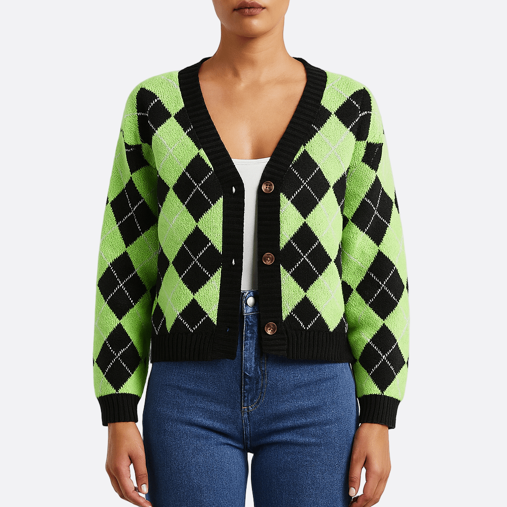 Damen - Weit geschnittene Strickjacke - Baumwolle - Karomuster - Bequemer Knopfverschluss