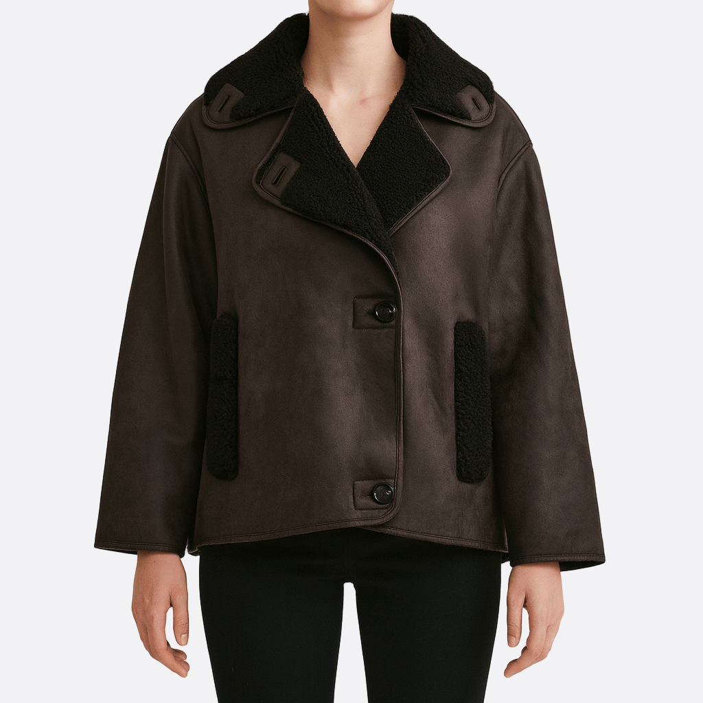 Damen - Winterjacke - Leder - Plüschfutter & breitem Kragen - Stylische und warme Mode für kalte Tage