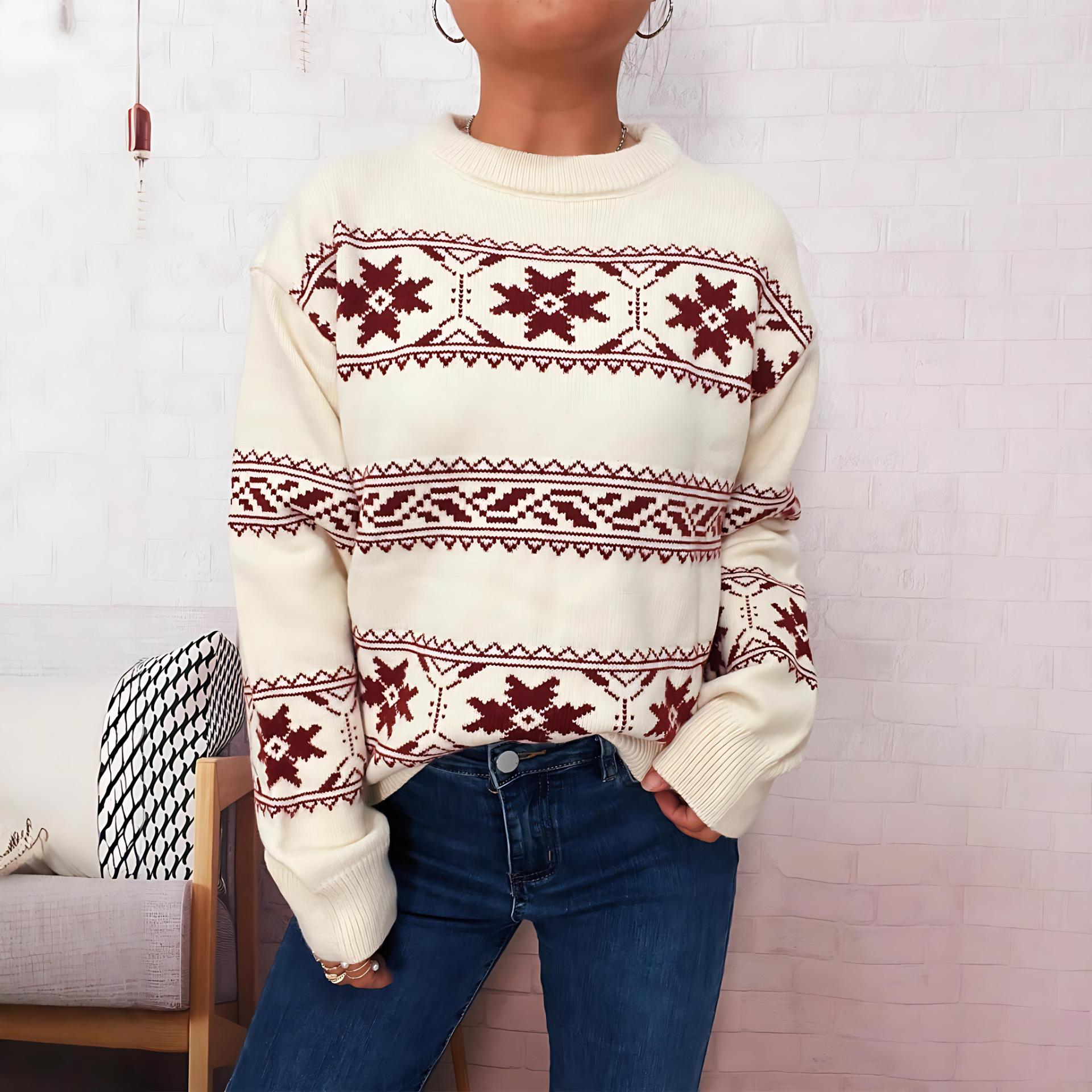 Damen- Winterpullover - Weicher Strick mit Schneemuster - Gemütlicher Stil für kalte Tage