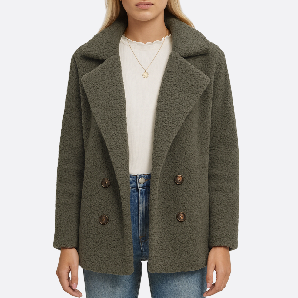 Damen - Zweireihige Fleecejacke - Kunstpelz mit Plüschtextur - Winterstil
