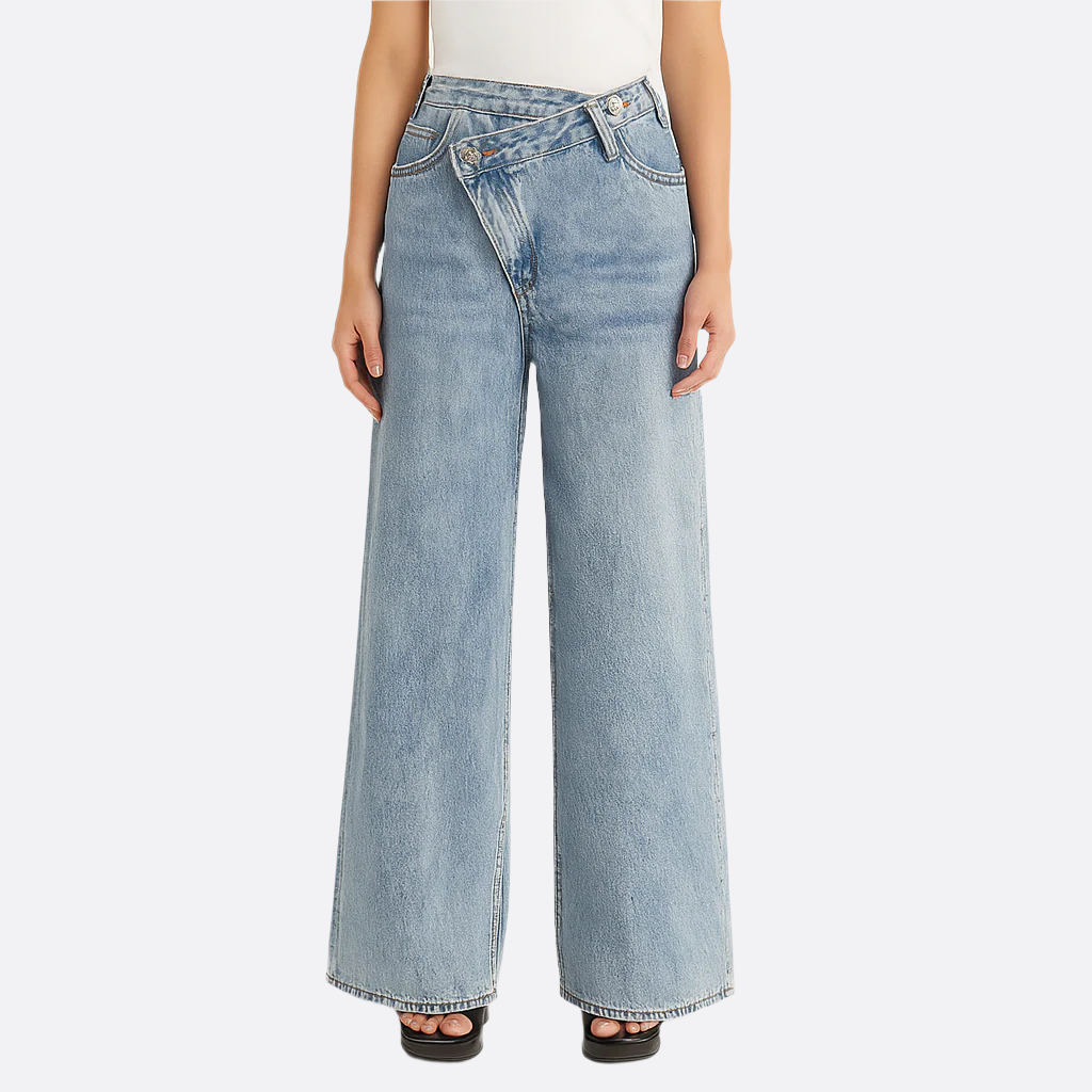 Damen - Asymmetrische Taillenweite Jeans - Polyester Denim - Breite Beine - Trendy Style für mühelosen Chic