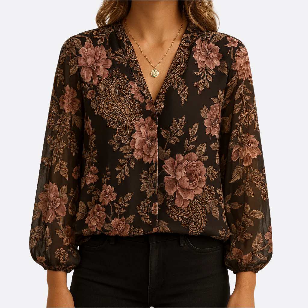 Damen - Bluse - Polyester-Chiffon - V-Ausschnitt, lange Ärmel, Blümchenmuster - Ideal für den Frühling