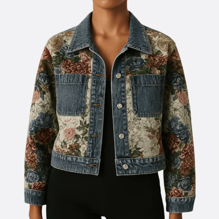 Damen - Denim Jacke mit Blumenmuster - Baumwolle - Handbemalte Vintage - Einzigartiger Stil für mühelosen Chic