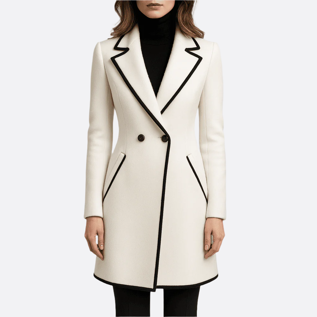 Damen - Eleganter doppelreihiger Mantel - Mischgewebe - Schwarzem Saum - Stilvoller Look für jede Gelegenheit