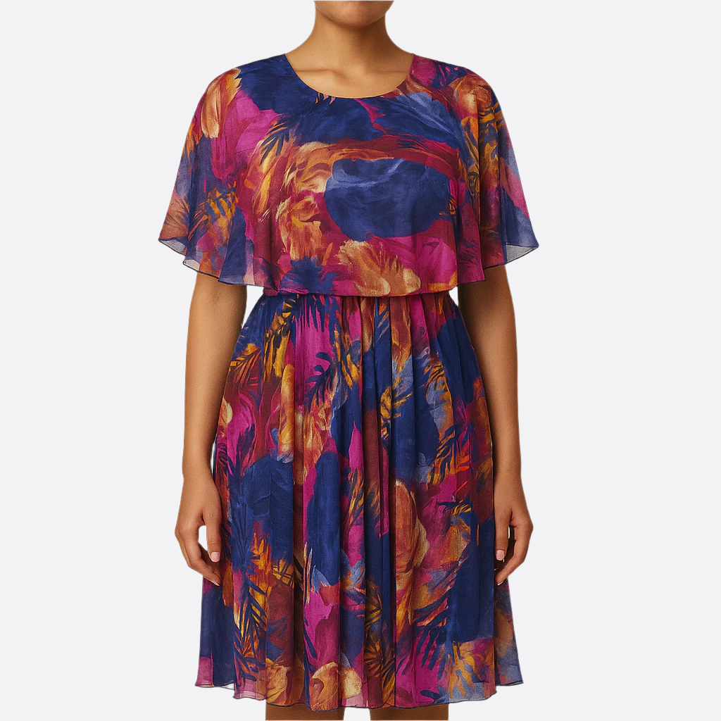 Damen - Elegantes Kleid - Hochwertigem Chiffon - Farbige Akzente - Stilvolle Mode für jeden Anlass