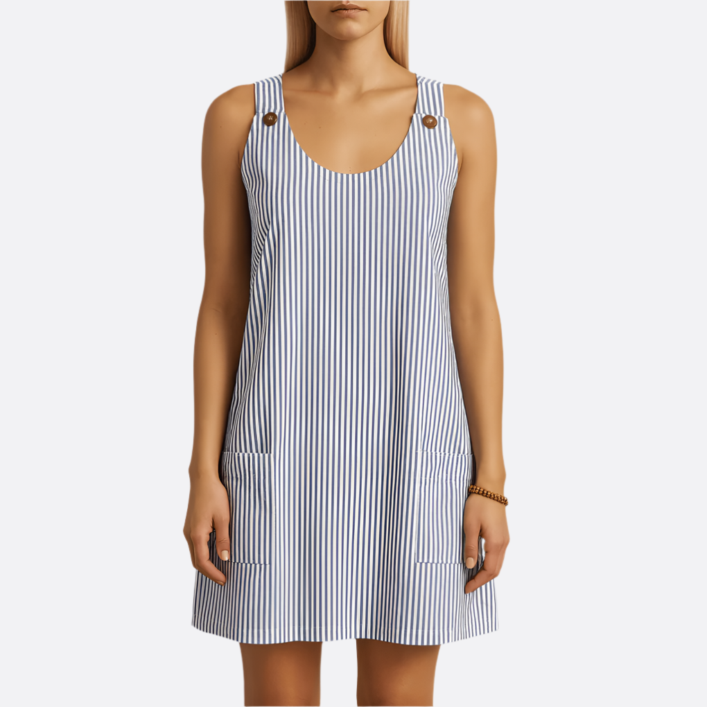 Damen - Gestreiftes Taschenkleid - Polyester-Mischung - Ärmellos - Stylisches Alltags Lässiges Sommerkleid