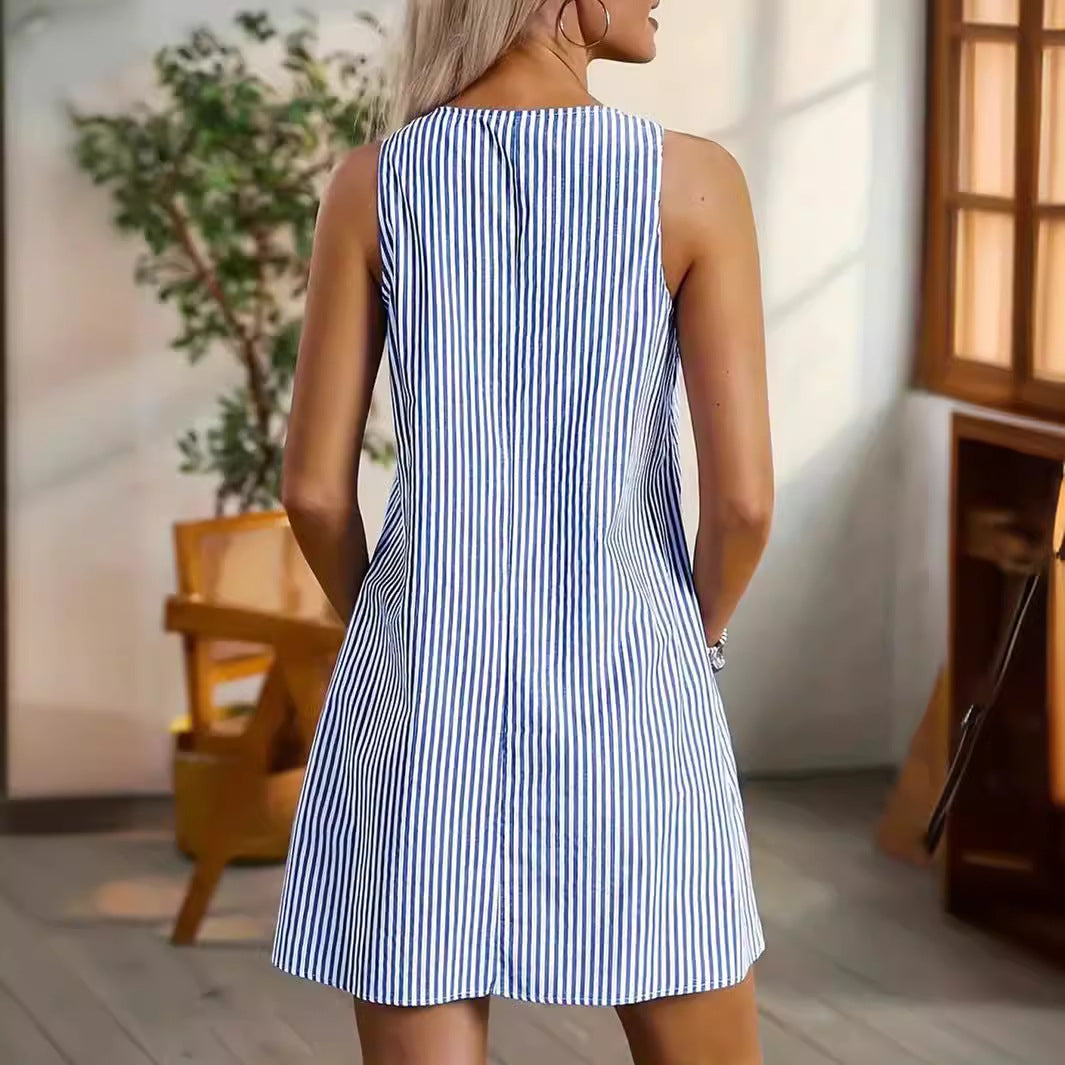 Damen - Gestreiftes Taschenkleid - Polyester-Mischung - Ärmellos - Stylisches Alltags Lässiges Sommerkleid