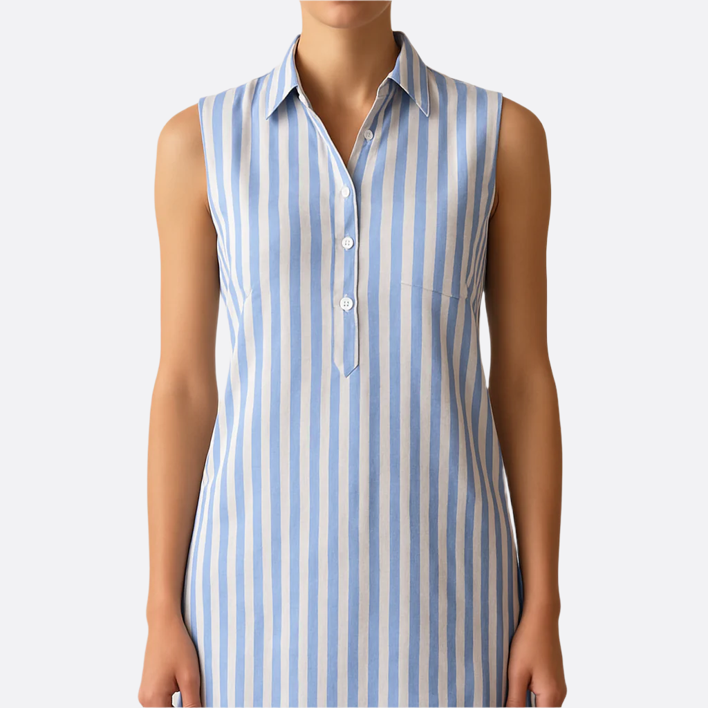 Damen - Gestreiftes ärmelloses Hemdkleid - Baumwoll Mischgewebe - Leichter, luftiger Casual Style für den Sommer