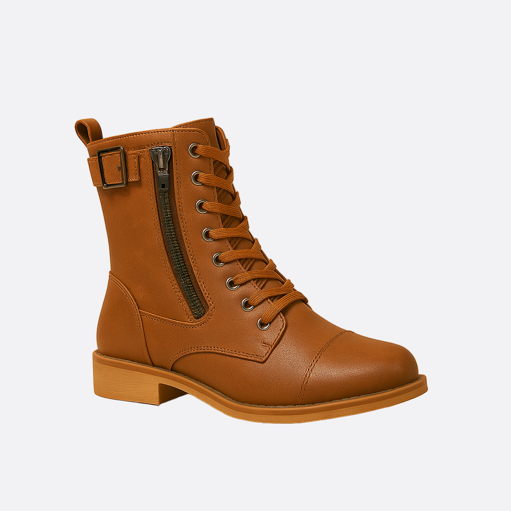 Damen - Mid-Calf Schnürstiefel - Reißverschluss & Schnalle - Stilvolle Stiefel für jeden Anlass