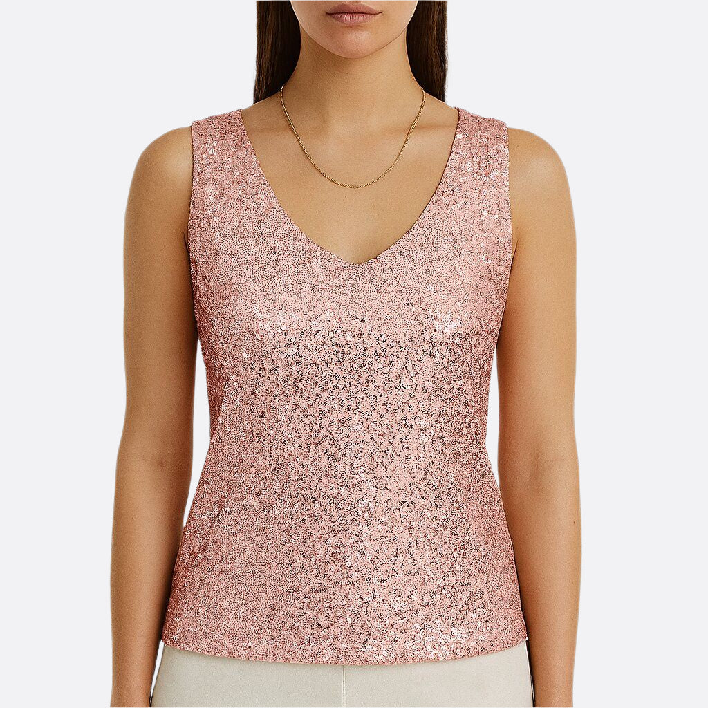 Damen - Pailletten Party-Top mit V-Ausschnitt - Leichte Stoff - Glamouröser Stil für besondere Anlässe
