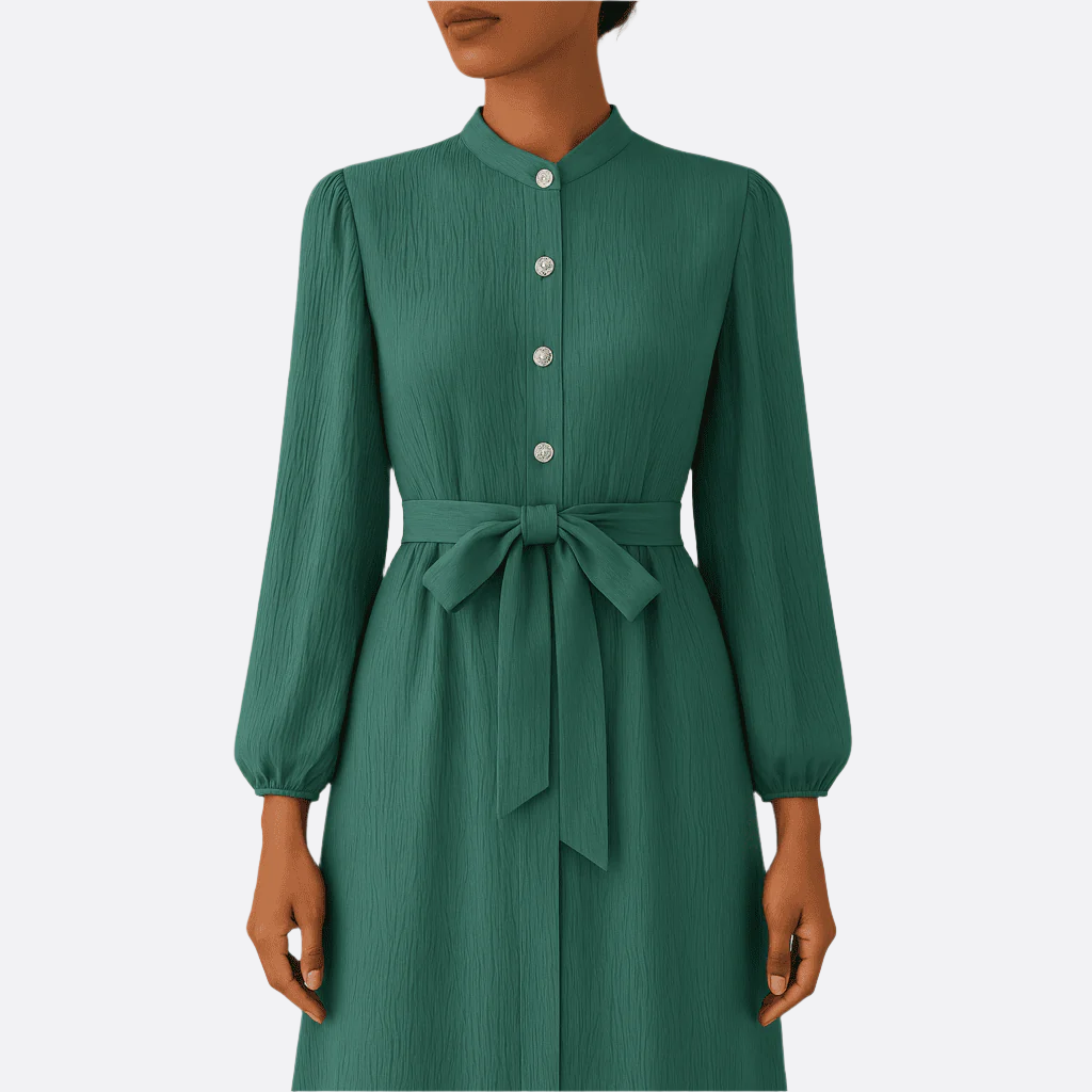 Damen - Plissiertes Maxikleid - Gewebtem Stoff - Lange Ärmel & Hoher Ausschnitt - Ideales Kleid für jeden Anlass