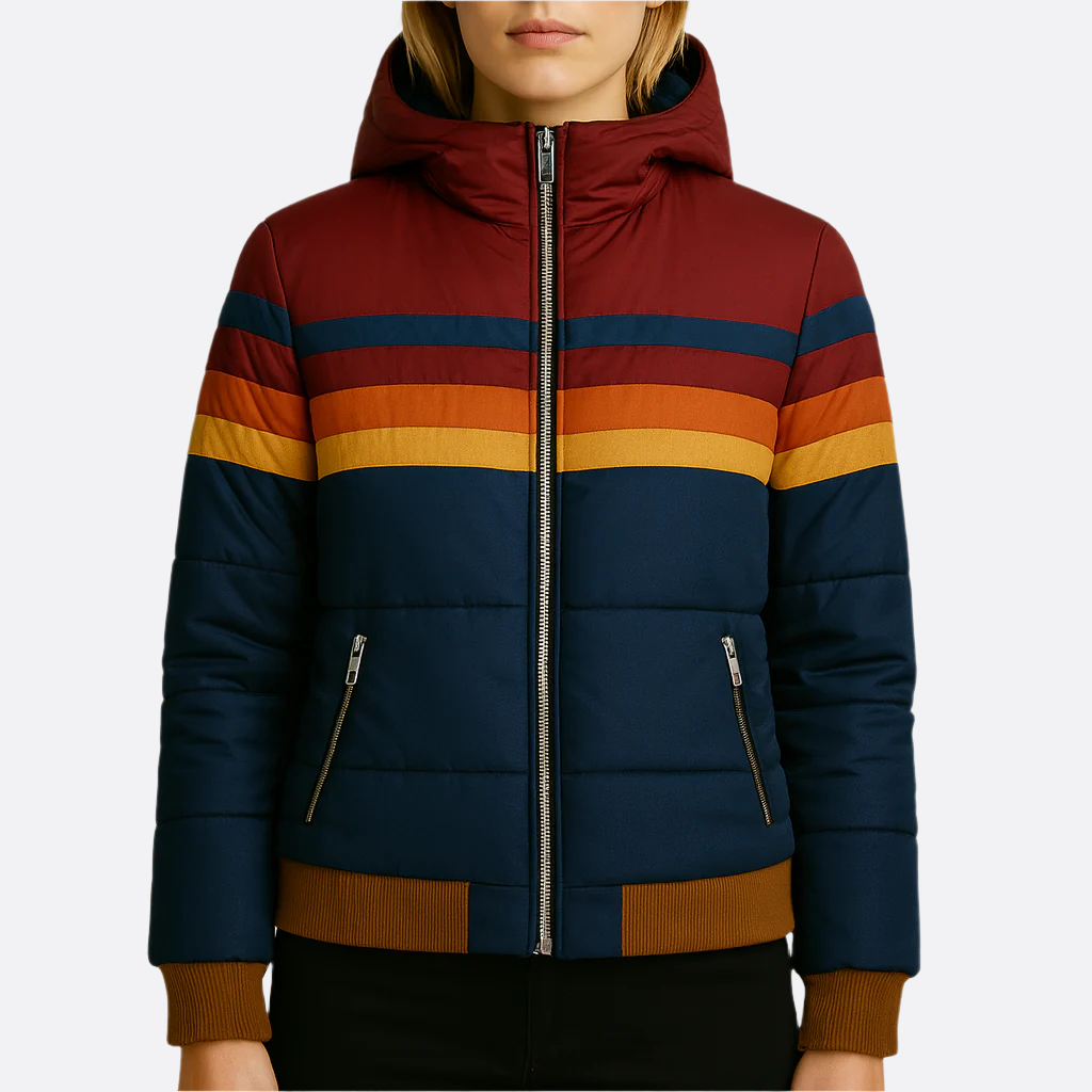 Damen - Pufferjacke - Wasserdicht mit Kapuze - Farbblock Design - Stilvolle Outdoor Abenteuer