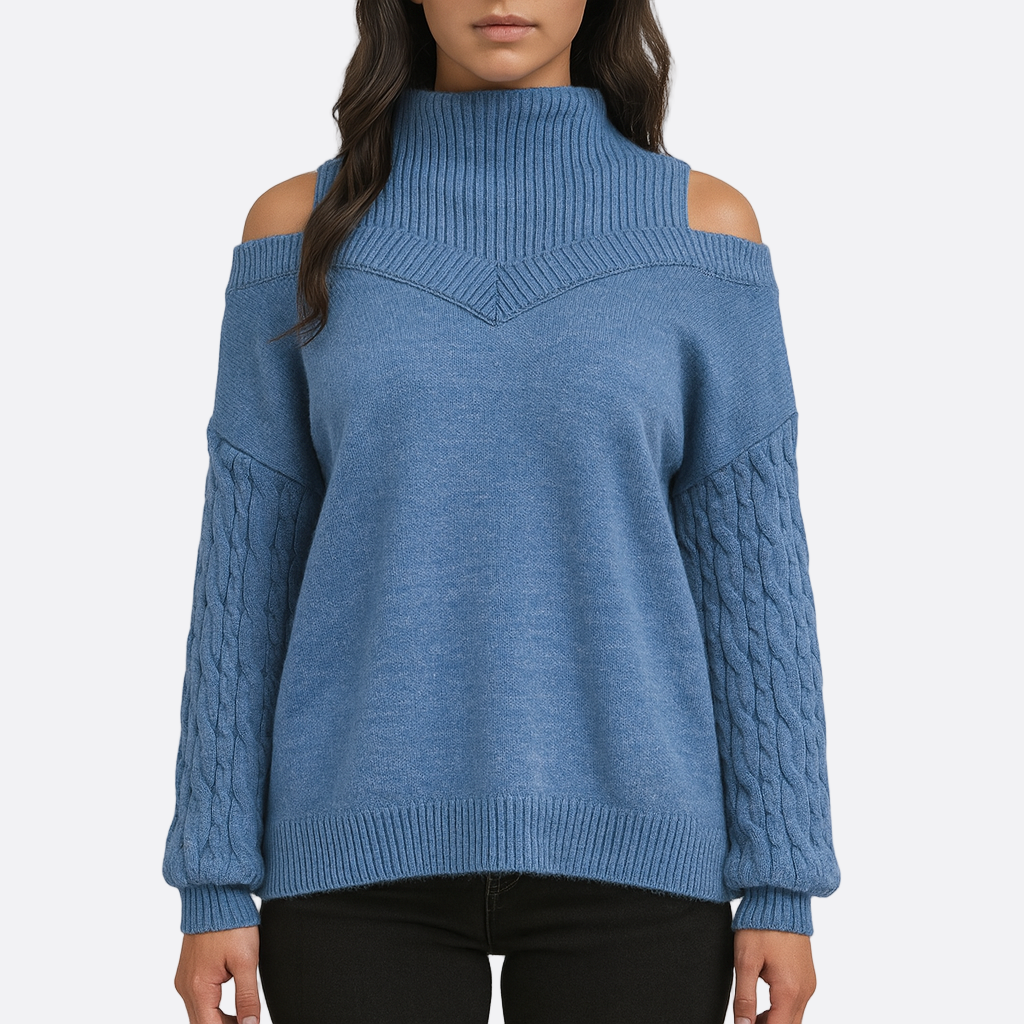 Damen - Schulterfreier Zopfstrick Pullover - Lockere Passform - Bequem und Stylisch für jeden Anlass