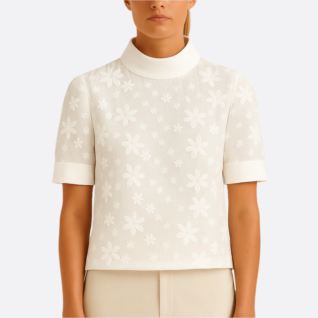 Damen - Stylische Bluse - Weichem Stoff - Bestickter Stehkragen - Modisch und Elegant - Perfekt für jeden Anlass