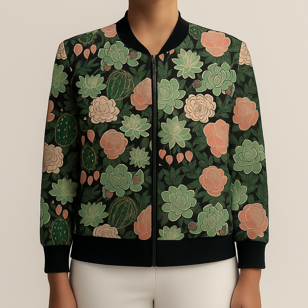 Damen - Stylische Bomberjacke - Hochwertigem Stoff - Blumen und Kaktusdruck - Leichte Oberbekleidung für jeden Anlass