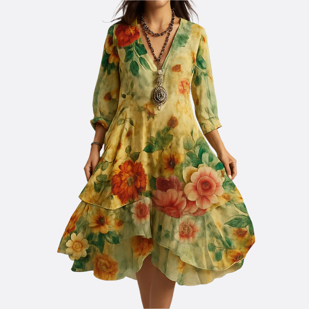 Damen - Boho Blumen V-Ausschnitt Kleid - Baumwollmischung - Leichtes, luftiges Design - Ideal für den Sommer