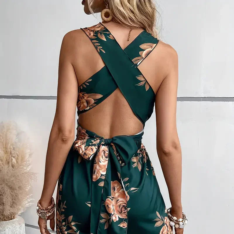 Damen - Floral Playsuit - Atmungsaktivem Polyester - V-Ausschnitt, Rückenfrei - Ideal für Partys und Freizeit