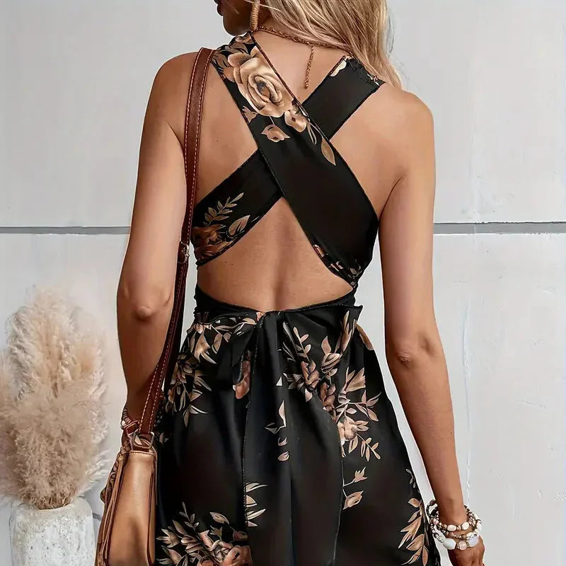 Damen - Floral Playsuit - Atmungsaktivem Polyester - V-Ausschnitt, Rückenfrei - Ideal für Partys und Freizeit