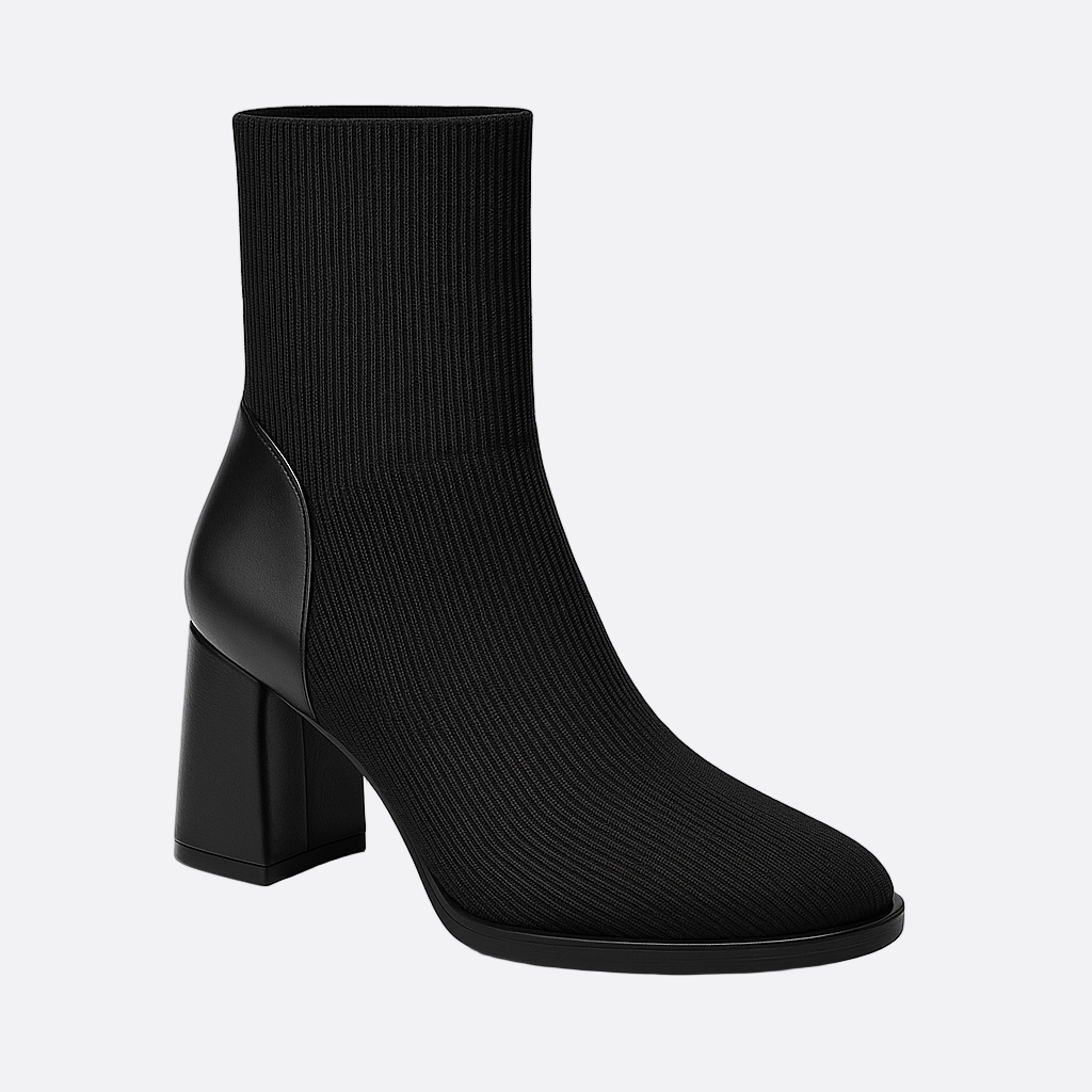 Damen - Stiefeletten mit Blockabsatz - Schwarzer Strick-Look - Modische Stiefel für jeden Anlass